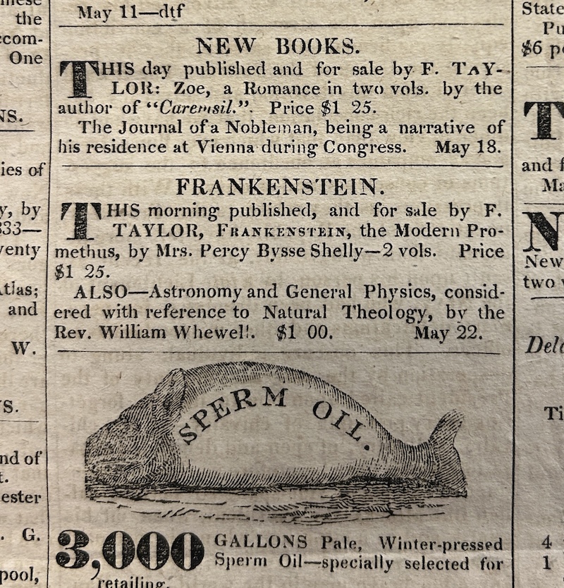 The Globe-City of Washington 1833 Newspaper Frankenstein Advertisement